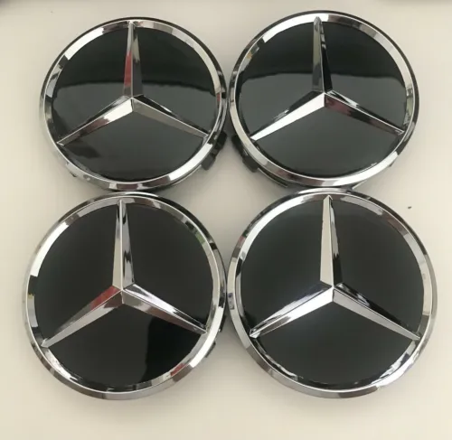 LOT 4 Cache Moyeu 75mm NOIR BRILLANT pour Mercedes Logo  Jante Centre De Roue